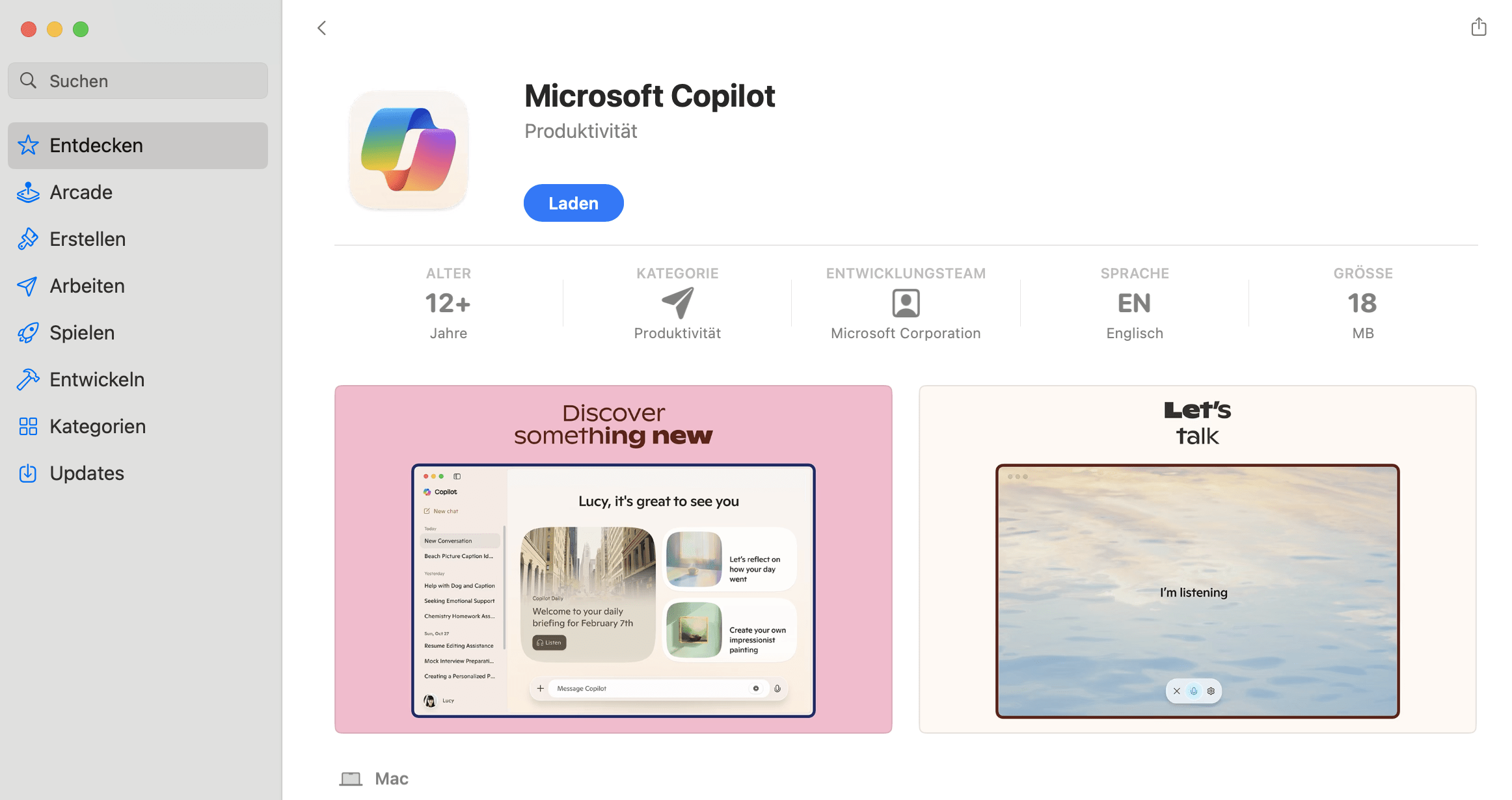 Microsoft Copilot App für macOS im App Store mit KI-Produktivitätsfunktionen