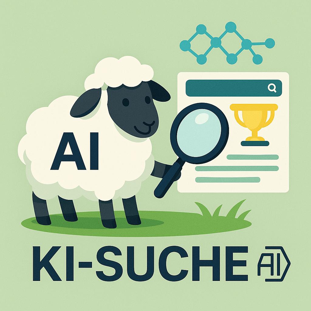 Illustration zur KI-Suche: Schaf mit Lupe analysiert Suchergebnisse – künstliche Intelligenz als Wettbewerbsvorteil im Online-Marketing