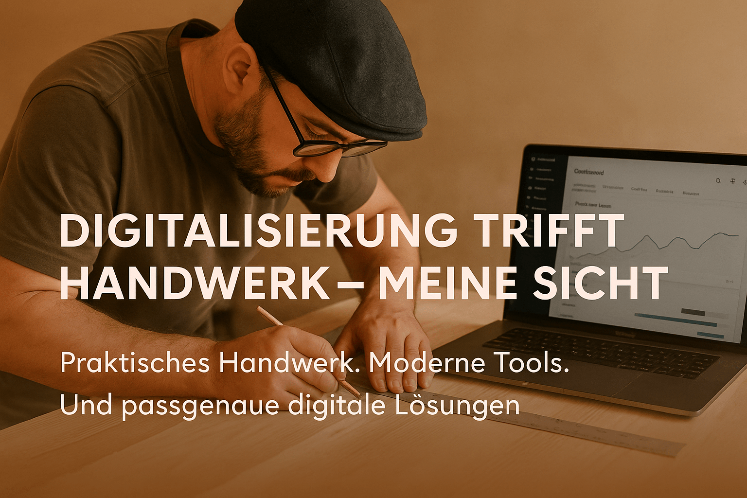 Handwerker im Holzhandwerk plant ein Projekt mit Laptop – Digitalisierung und moderne Softwarelösungen im Handwerk