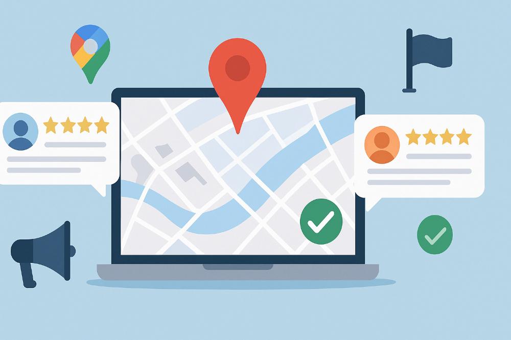 Illustration zu Google Maps: Laptop mit Kartenansicht, Standort-Pin, Bewertungen und Rezensionen – lokale Sichtbarkeit für kleine und mittlere Unternehmen