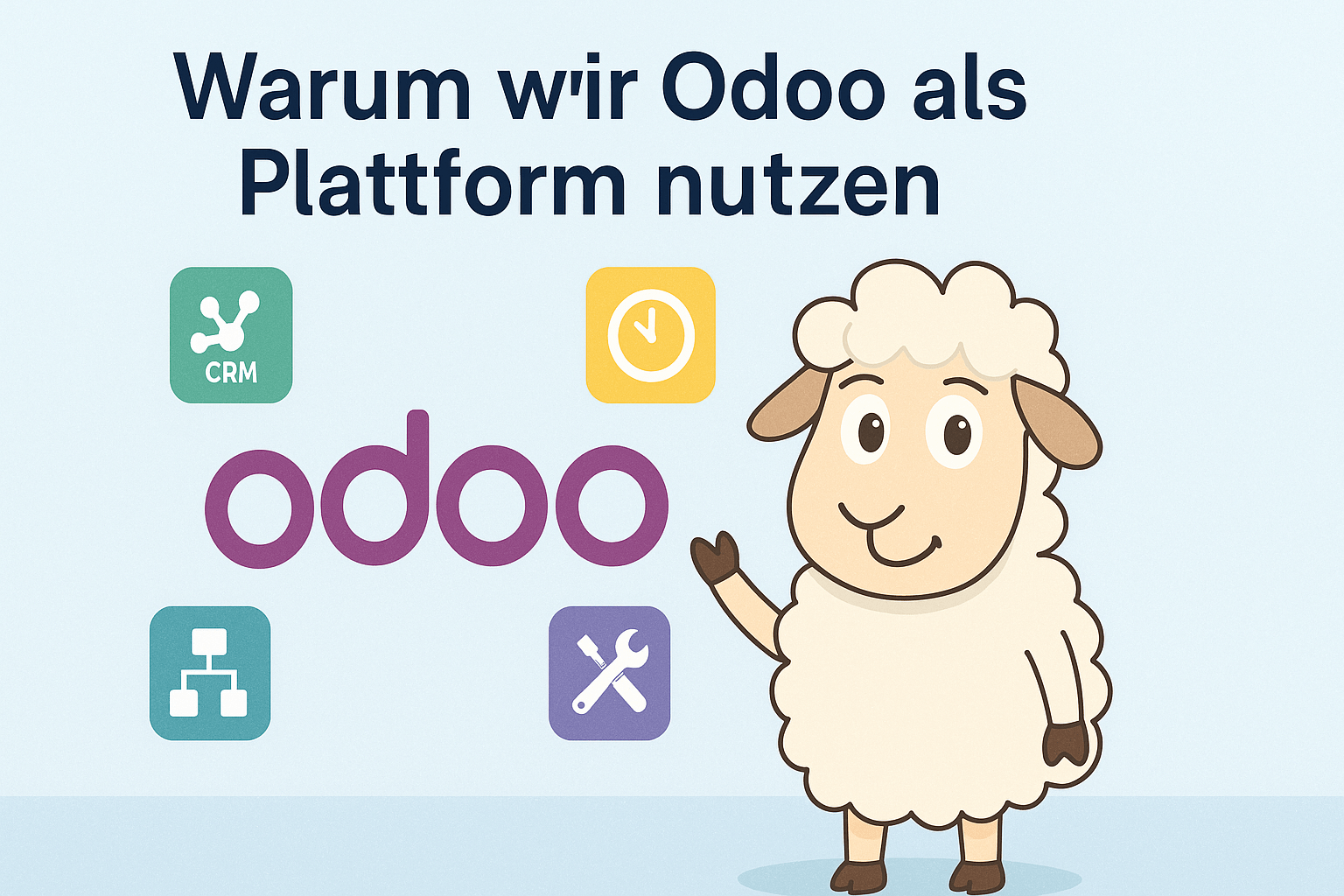 Illustration zu Odoo als ERP-Plattform mit Schaf-Maskottchen, Odoo-Logo und Modulsymbolen für CRM, Projektmanagement, Zeiterfassung und Automatisierung
