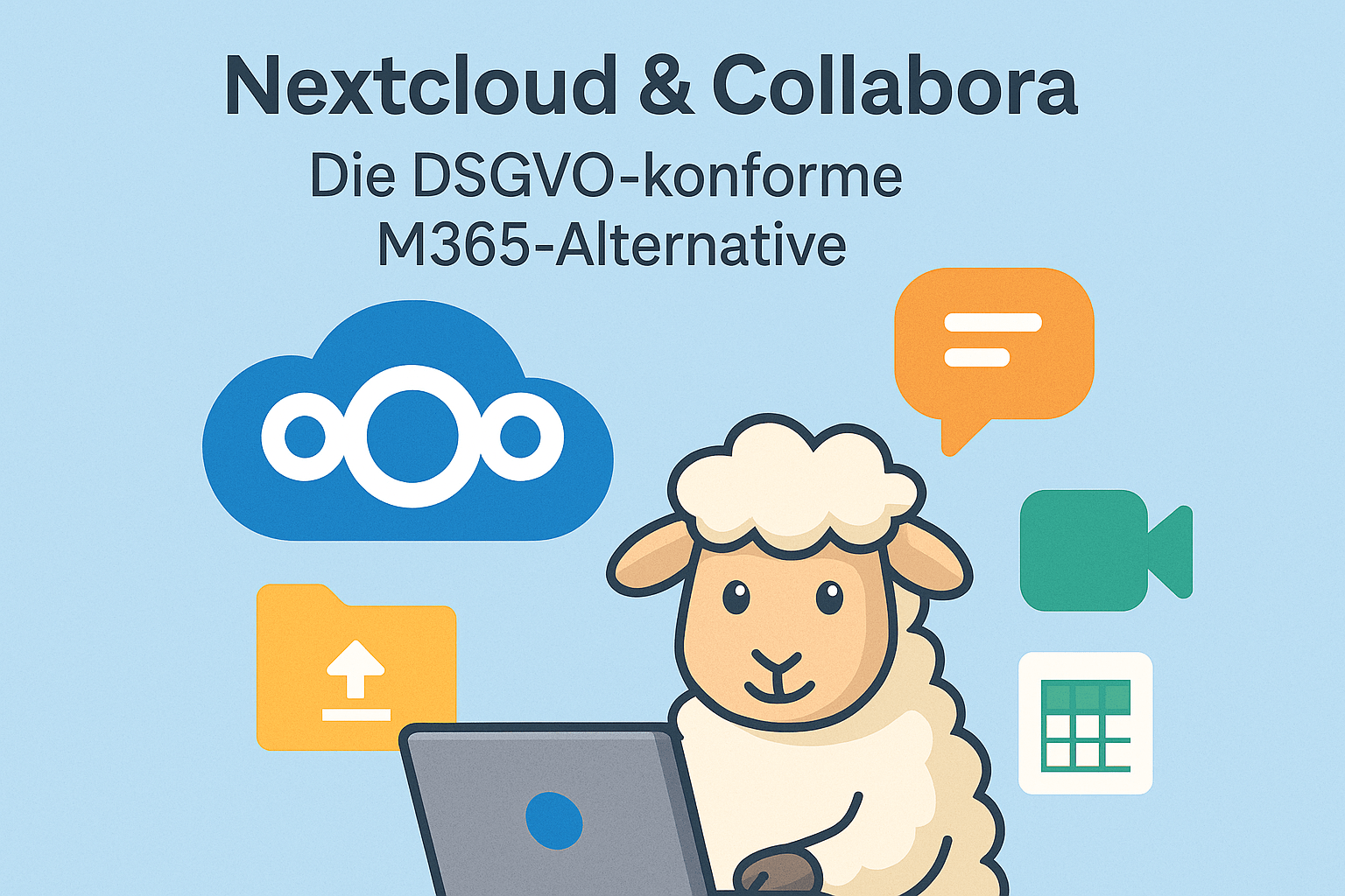 Illustration zu Nextcloud & Collabora als DSGVO-konforme Microsoft-365-Alternative mit Cloud-Symbol, Kollaborationstools und Schaf-Maskottchen