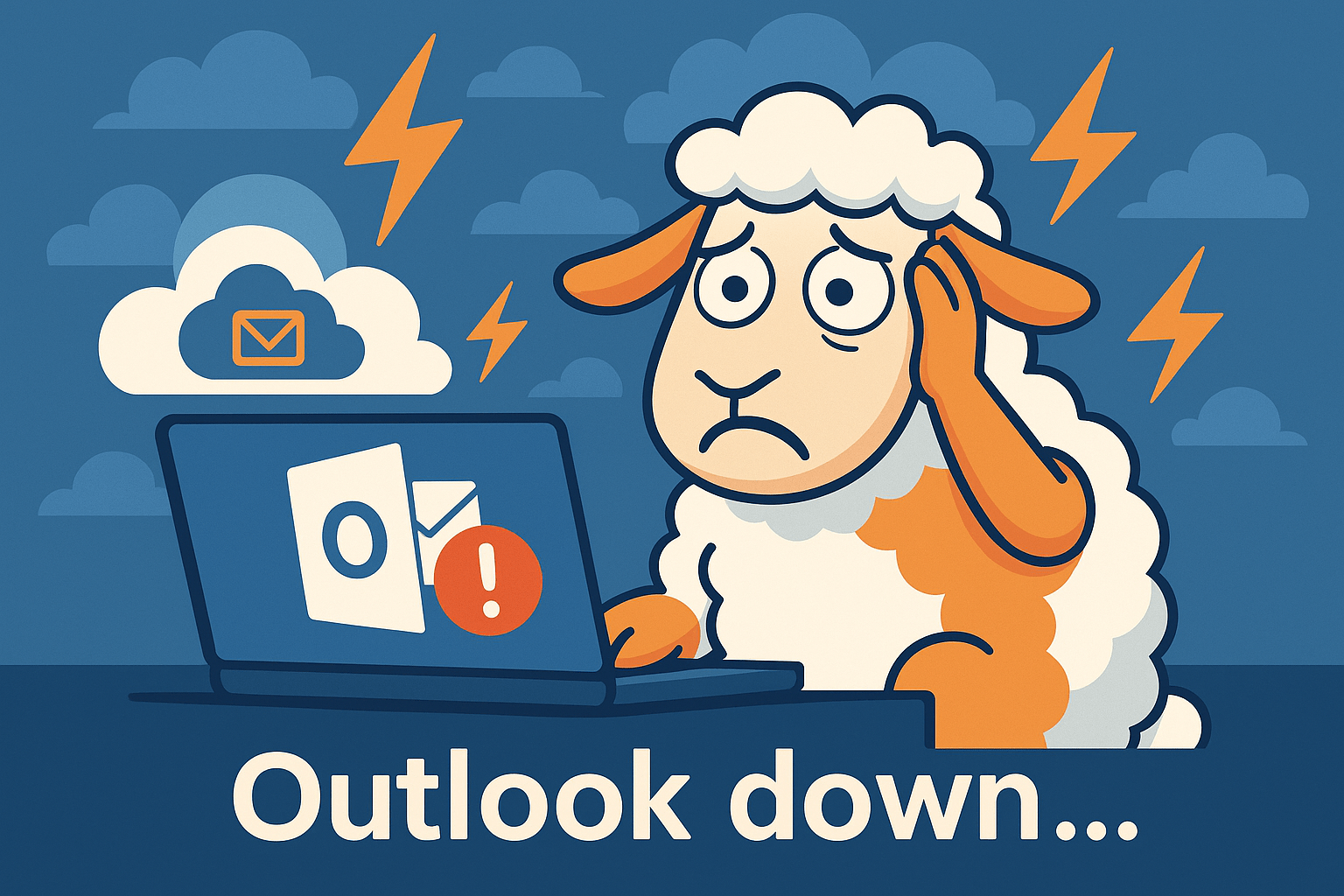 Illustration einer Outlook-Störung: verunsichertes Schaf am Laptop mit Outlook-Symbol, Fehlermeldung und Cloud-E-Mail – Exchange Online Ausfall