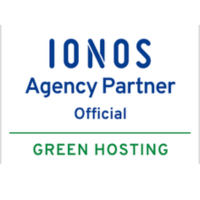 IONOS Agency Partner Official Logo mit Hinweis auf Green Hosting