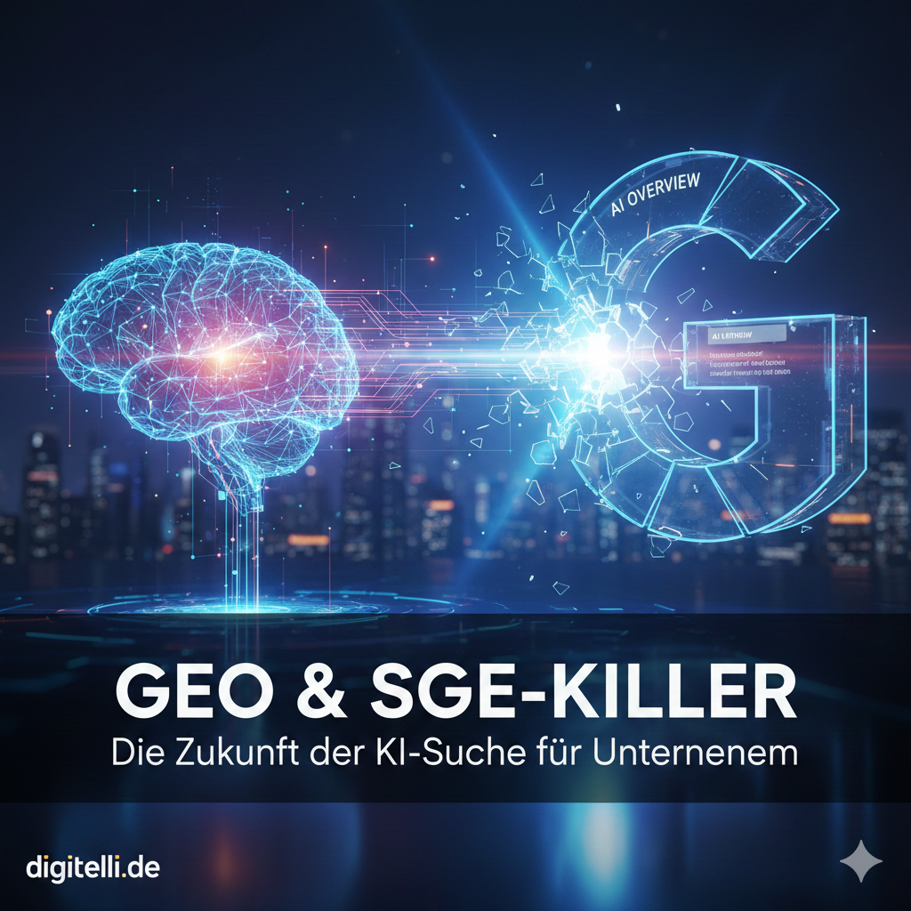 Futuristische Darstellung einer KI-Vernetzung zwischen einem digitalen Gehirn und einem gläsernen Google-G-Symbol über einer nächtlichen Skyline, Text: GEO & SGE-Killer – Die Zukunft der KI-Suche für Unternehmen.