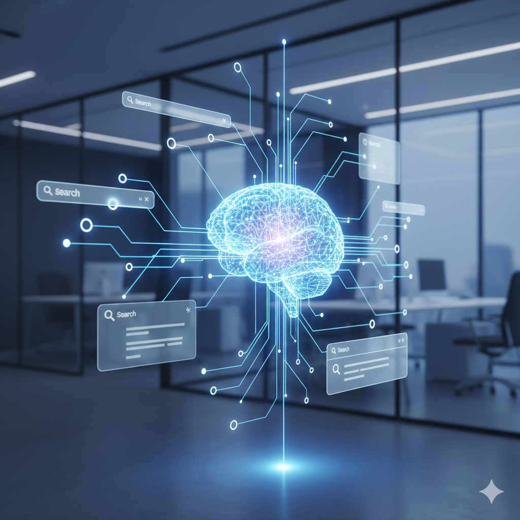 Hier sind die passenden Metadaten für das generierte Bild, optimiert für SEO und Barrierefreiheit im Kontext deines Blogbeitrags: Bild-Metadaten Alternativtext (Alt-Text): Leuchtendes digitales Gehirn in einem modernen Büro, das über Datenleitungen mit schwebenden Suchfeldern und KI-Generierungselementen verbunden ist – Symbol für Generative Engine Optimization (GEO).