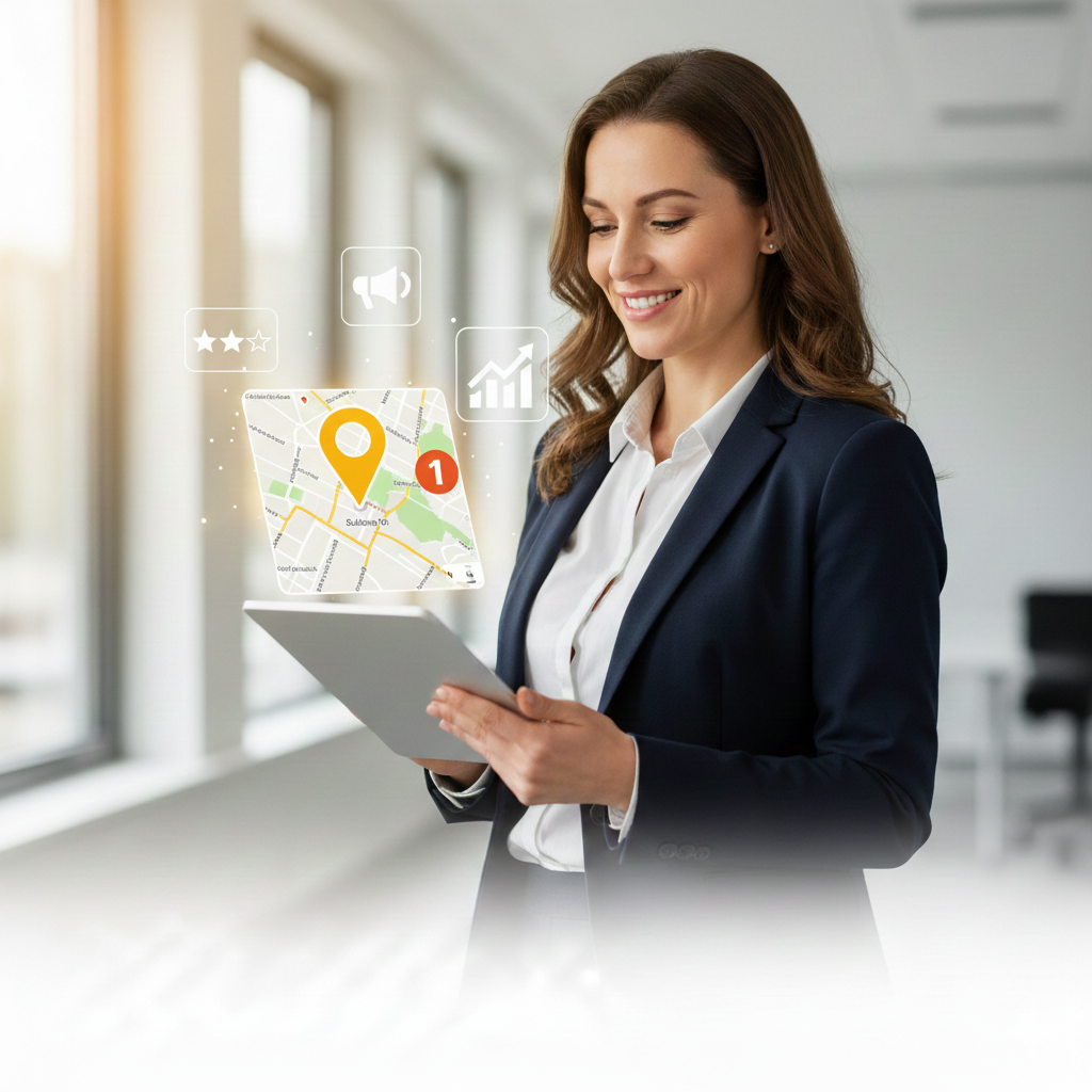 Eine Geschäftsfrau nutzt ein Tablet zur Google Maps Optimierung für ein regionales Unternehmen, um die lokale Sichtbarkeit zu erhöhen.