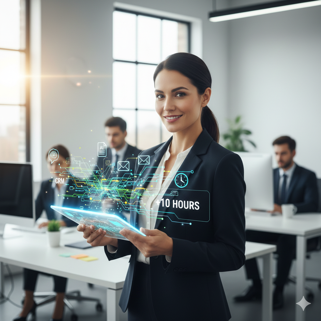 Eine Geschäftsfrau nutzt KI-Automatisierung für Unternehmen mit ChatGPT und Make.com zur Prozessoptimierung im Mittelstand.