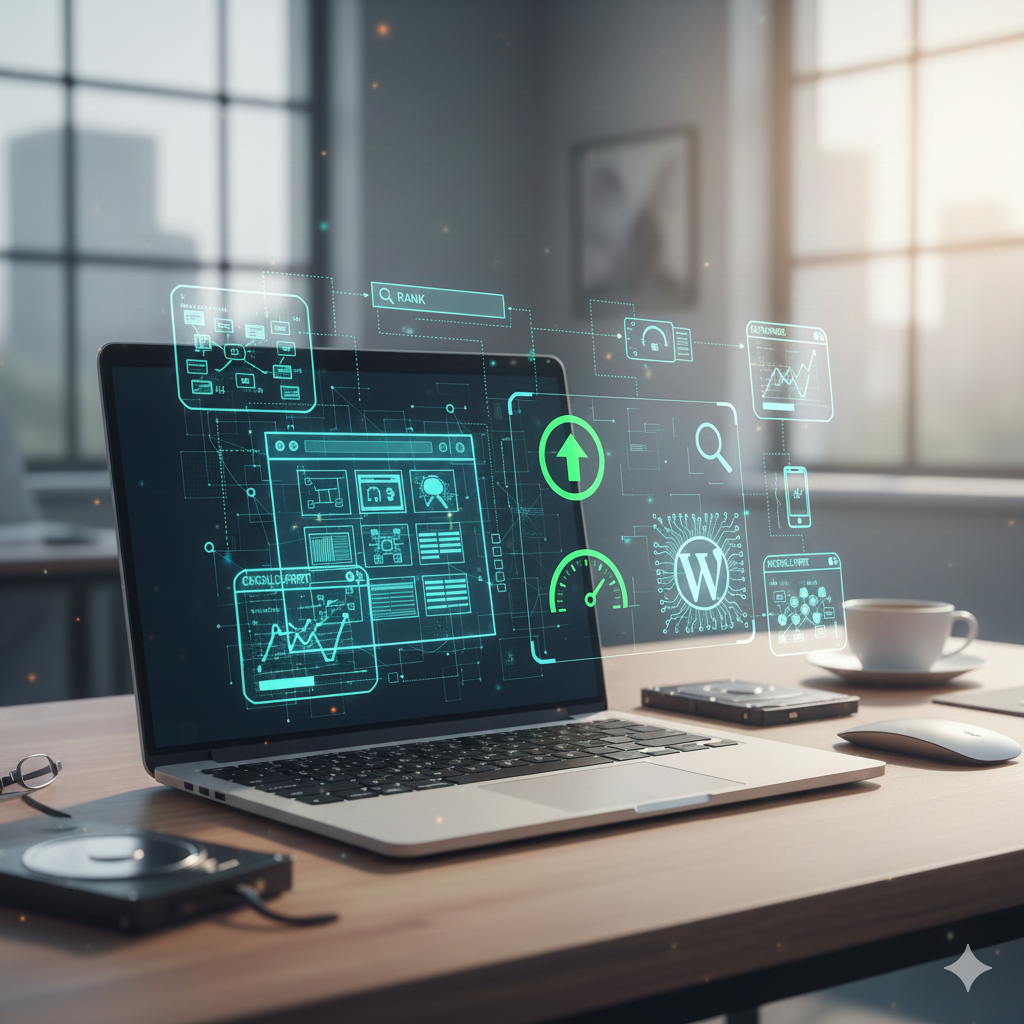 Laptop auf Schreibtisch zeigt Analyse-Grafiken zur technischen SEO WordPress und Performance-Optimierung mit WordPress-Logo.